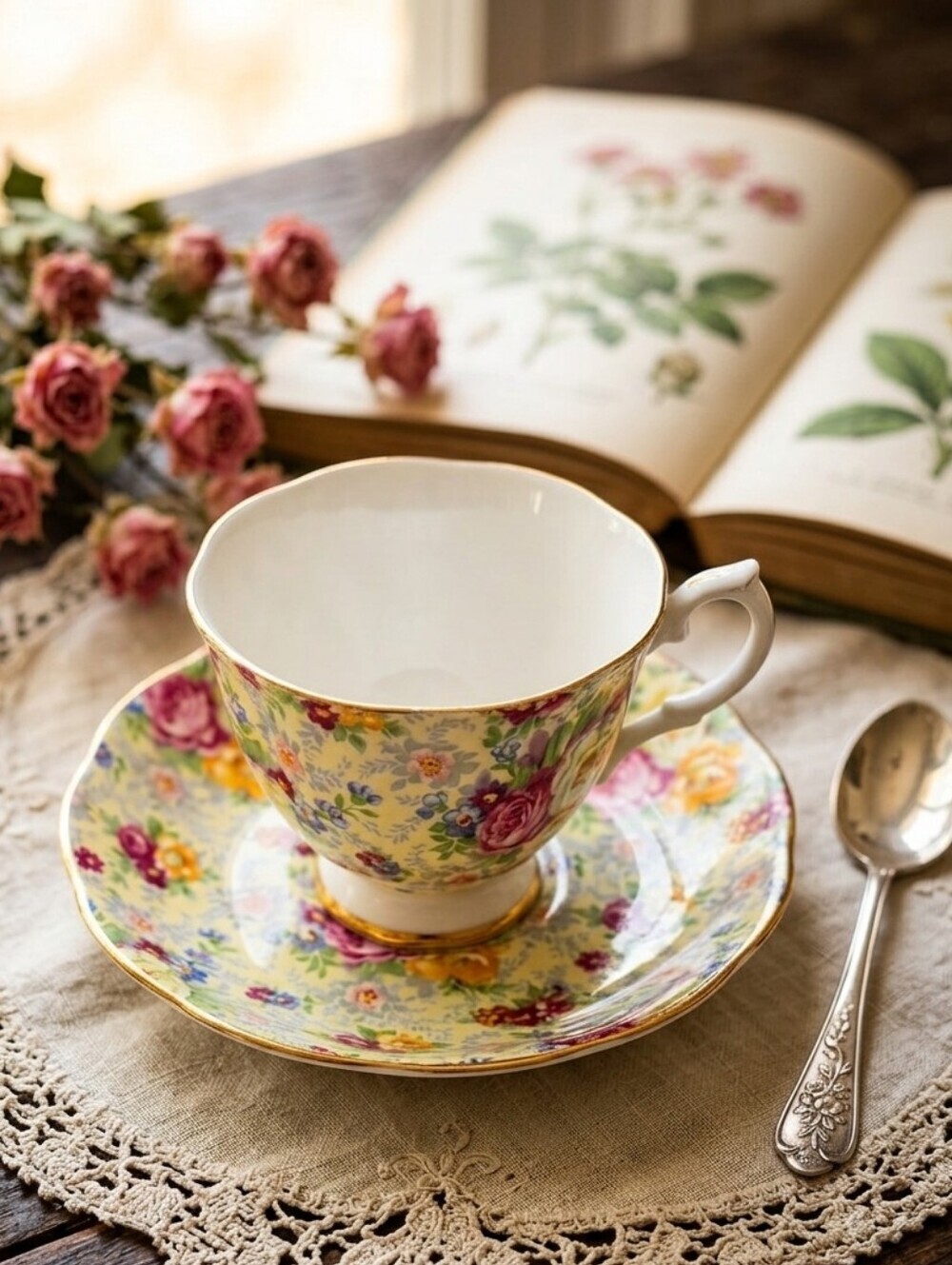Royal‎ Albert Rose Time Teacup Saucer Yellow Chintz Floral Vintage Bone China